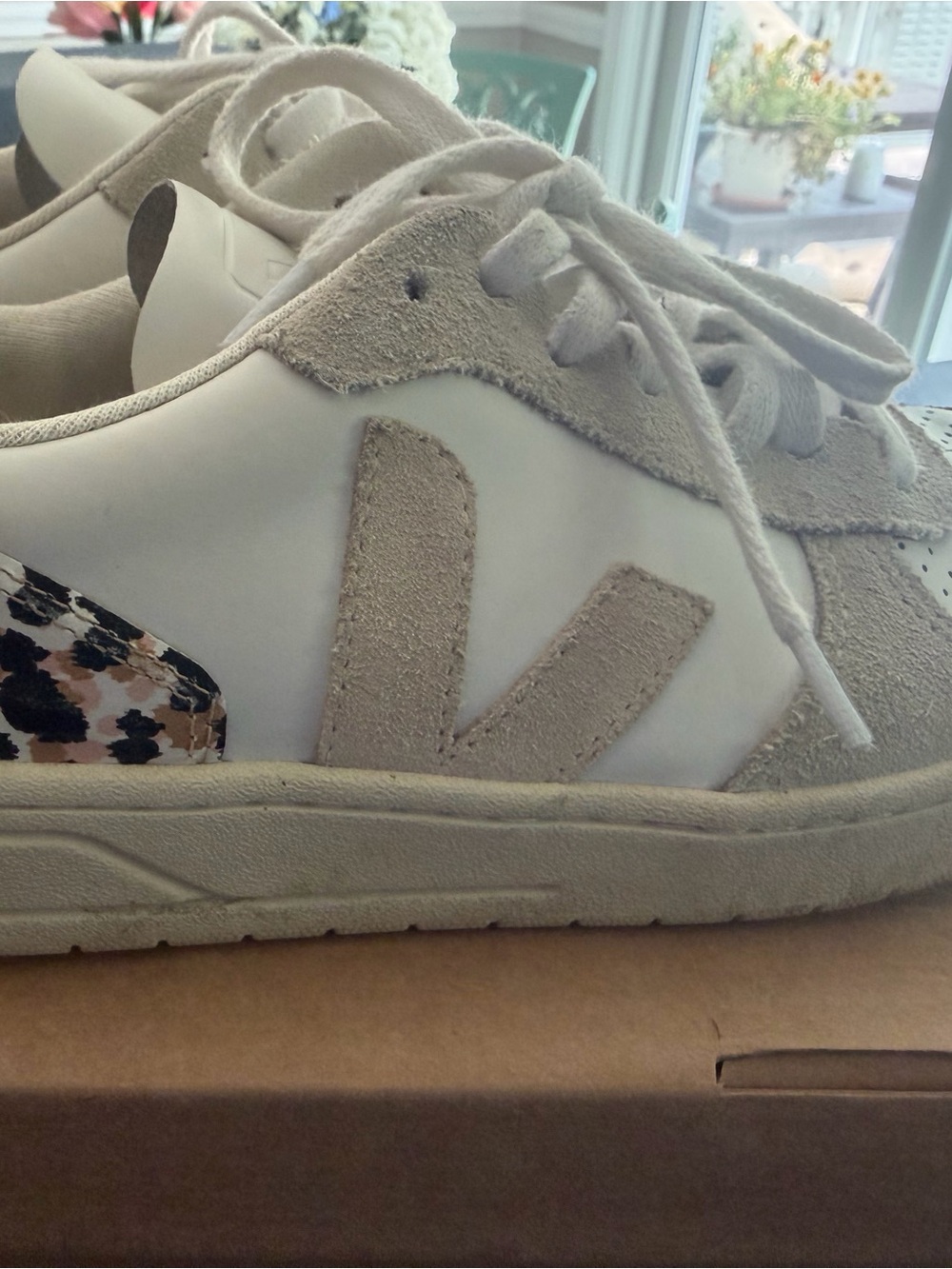 Veja Women’s Sneakers in White and Light Beige with Leopard Heel Accent